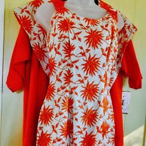 1950s White Cotton Pencil Dress w.Orange Embroidery & Matching Coat